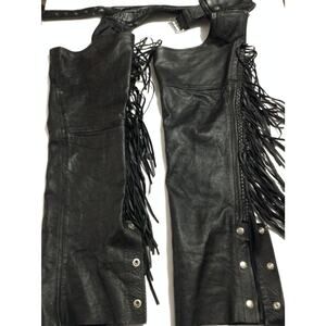 Bikers Club Black Leather Motorcycle Chaps Fringe Braided Tassel 3XS Youth